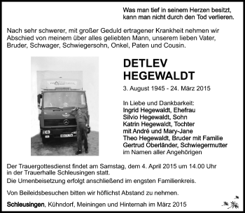 Traueranzeige von Detlev Hegewaldt von Südthüringer Presse