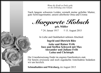Traueranzeige von Margarete Kobsch von Südthüringer Presse