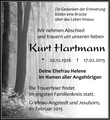 Traueranzeige von Kurt Hartmann von Südthüringer Presse