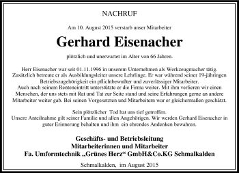 Traueranzeige von Gerhard Eisenacher von Südthüringer Presse