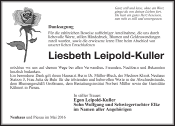 Traueranzeige von Liesbeth Leipold-Kuller von Südthüringer Presse