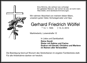 Traueranzeige von Gerhard Friedrich Wölfel von Frankenpost