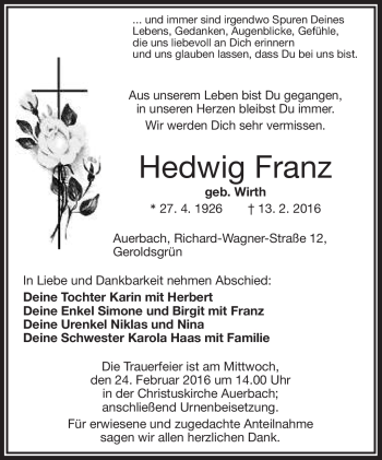 Traueranzeige von Hedwig Franz von Frankenpost