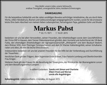 Traueranzeige von Markus Pabst von Südthüringer Presse