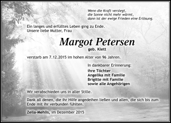 Traueranzeige von Margot Petersen von Südthüringer Presse