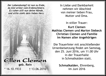 Traueranzeige von Ellen Clement von Südthüringer Presse