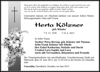 Traueranzeige von Herta Kölzner von Südthüringer Presse