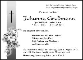 Traueranzeige von Johanna Großmann von Südthüringer Presse
