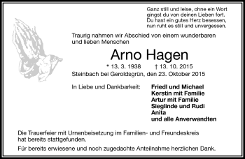 Traueranzeige von Arno Hagen von Frankenpost