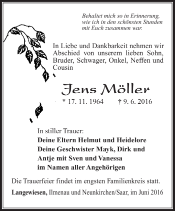 Traueranzeige von Jens Möller von Südthüringer Presse