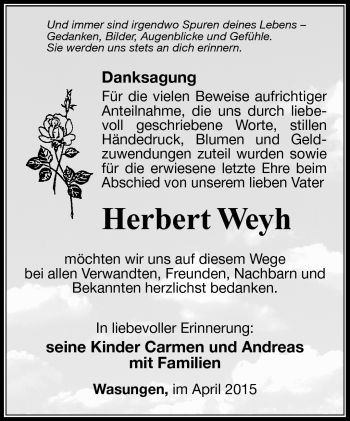 Traueranzeige von Herbert Weyh von Südthüringer Presse