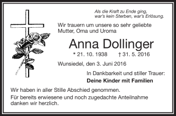 Traueranzeige von Anna Dollinger von Frankenpost