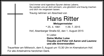 Traueranzeige von Hans Ritter von Frankenpost