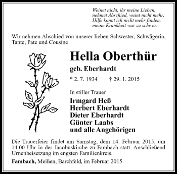 Traueranzeige von Hella Oberthür von Südthüringer Presse