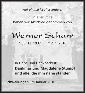 Traueranzeige von Werner Scharr von Südthüringer Presse