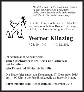 Traueranzeige von Werner Klinzing von Südthüringer Presse
