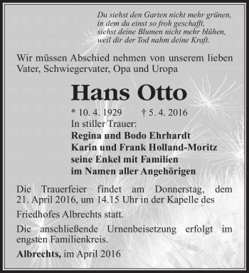 Traueranzeige von Hans Otto von Südthüringer Presse