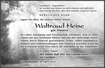 Traueranzeige von Waltraud Heise von Südthüringer Presse