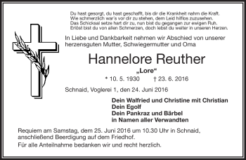 Traueranzeige von Jahanna Reuther von Frankenpost