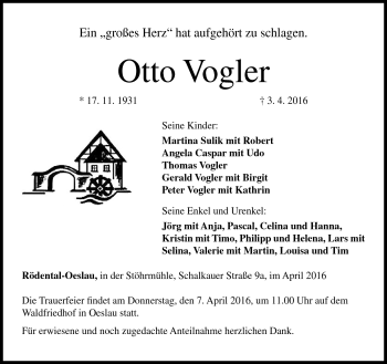 Traueranzeige von Otto Vogler von Neue Presse Coburg