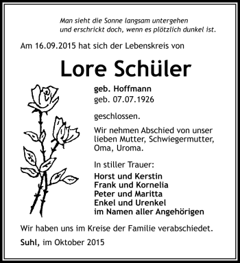 Traueranzeige von Lore Schüler von Südthüringer Presse