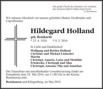 Traueranzeige von Hildegard Hollang von Südthüringer Presse
