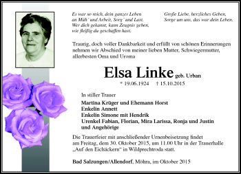 Traueranzeige von Elsa Linke von Südthüringer Presse