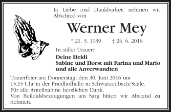 Traueranzeige von Werner Mey von Frankenpost