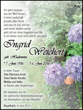 Traueranzeige von Ingrid Weichert von Südthüringer Presse