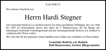 Traueranzeige von Hardi Stegner von Neue Presse Coburg