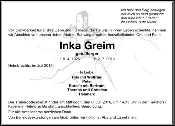 Traueranzeige von Inka Greim von Frankenpost