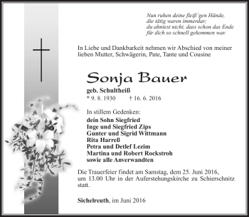 Traueranzeige von Sonja Bauer von Südthüringer Presse