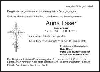 Traueranzeige von Anna Laser von Frankenpost