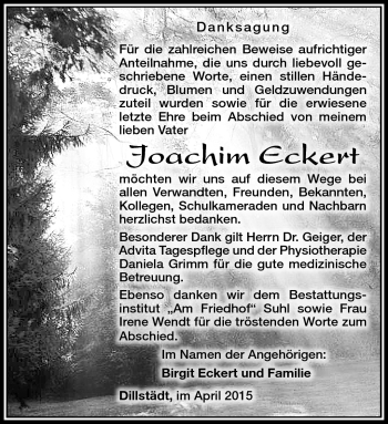 Traueranzeige von Joachim Eckert von Südthüringer Presse