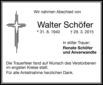 Traueranzeige von Walter Schöfer von Frankenpost