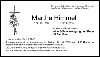 Traueranzeige von Martha Himmel von Neue Presse Coburg