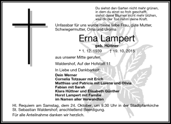 Traueranzeige von Erna Lampert von Frankenpost