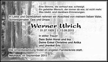 Traueranzeige von Werner Ulrich von Südthüringer Presse