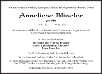 Traueranzeige von Anneliese Blinzler von Südthüringer Presse
