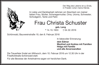 Traueranzeige von Christa Schuster von Frankenpost