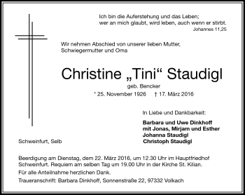 Traueranzeige von Christine Staudigl von Frankenpost