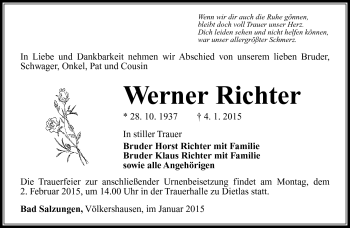 Traueranzeige von Werner Richter von Südthüringer Presse