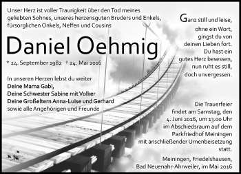 Traueranzeige von Daniel Oehmig von Südthüringer Presse