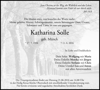 Traueranzeige von Katharina Solle von Neue Presse Coburg