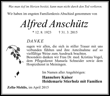 Traueranzeige von Alfred Anschütz von Südthüringer Presse