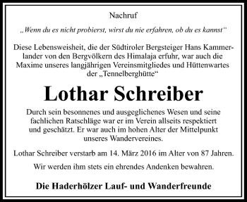 Traueranzeige von Lothar Schreiber von Südthüringer Presse
