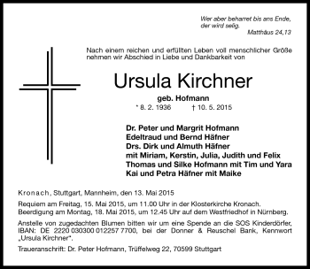 Traueranzeige von Ursula Kirchner von Neue Presse Coburg