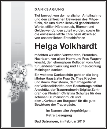 Traueranzeige von Helga Volkhardt von Südthüringer Presse