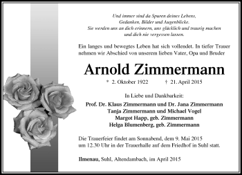 Traueranzeige von Arnold Zimmermann von Südthüringer Presse