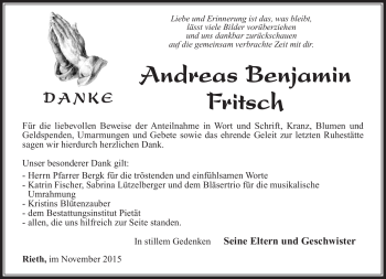 Traueranzeige von Andreas Benjamin Fritsch von Südthüringer Presse